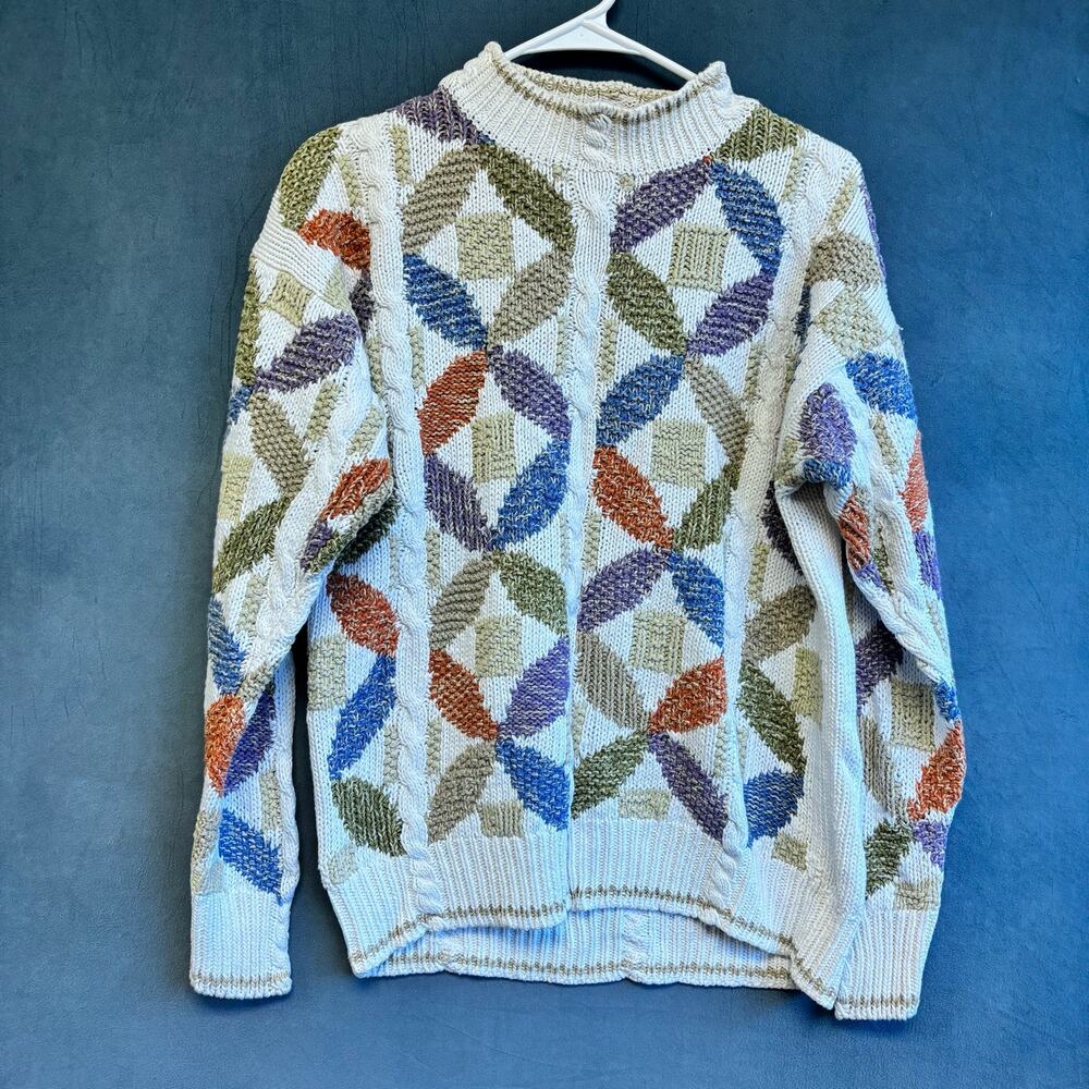 Vintage James River Traders Cable Knit Sweater M Geometric Coogi Style 90s